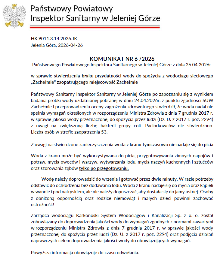 KOMUNIKAT NR 6/2026 Państwowego Powiatowego Inspektora Sanitarnego w Jeleniej Górze