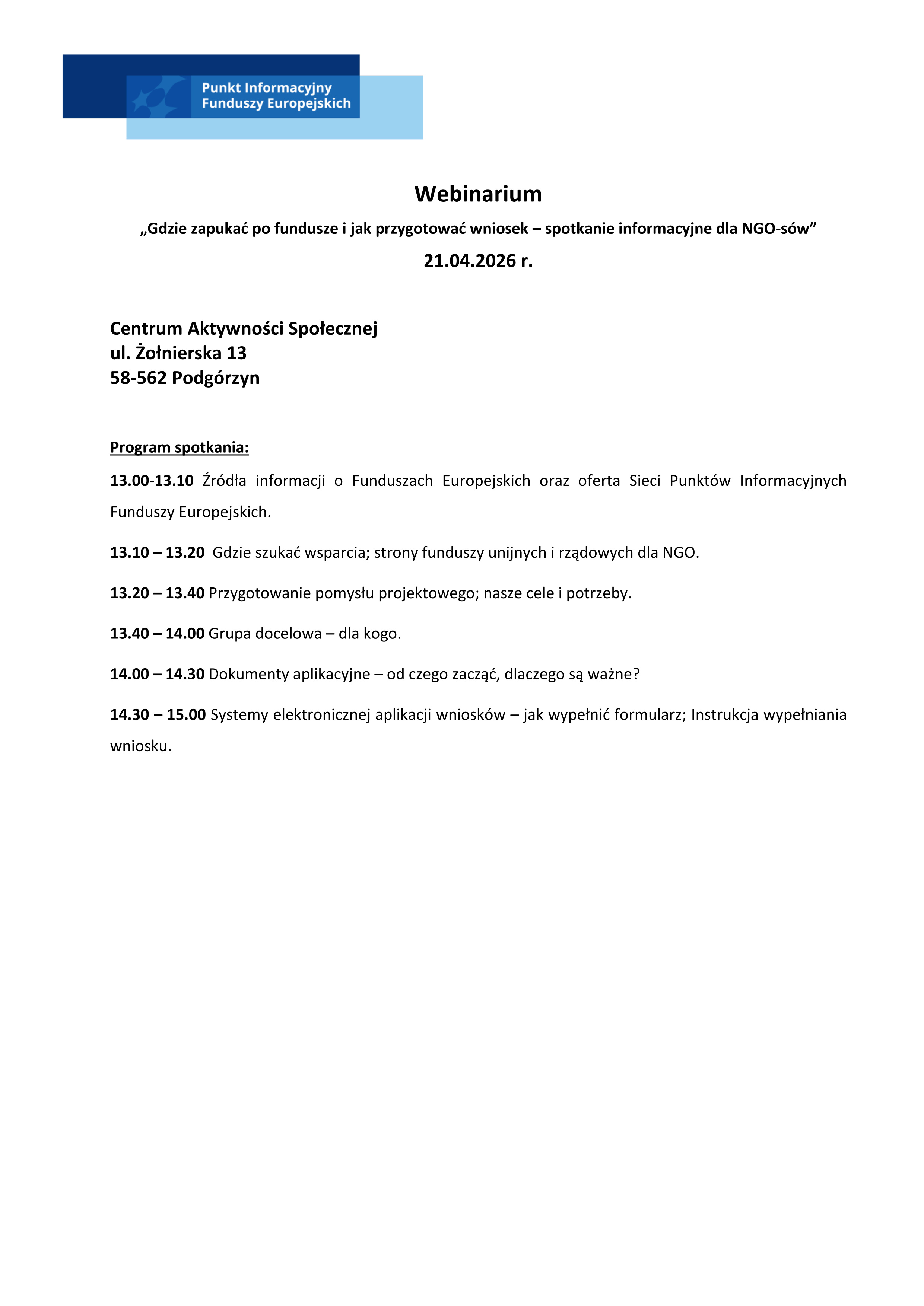 Webinarium „Gdzie zapukać po fundusze i jak przygotować wniosek – spotkanie informacyjne dla NGO-sów”