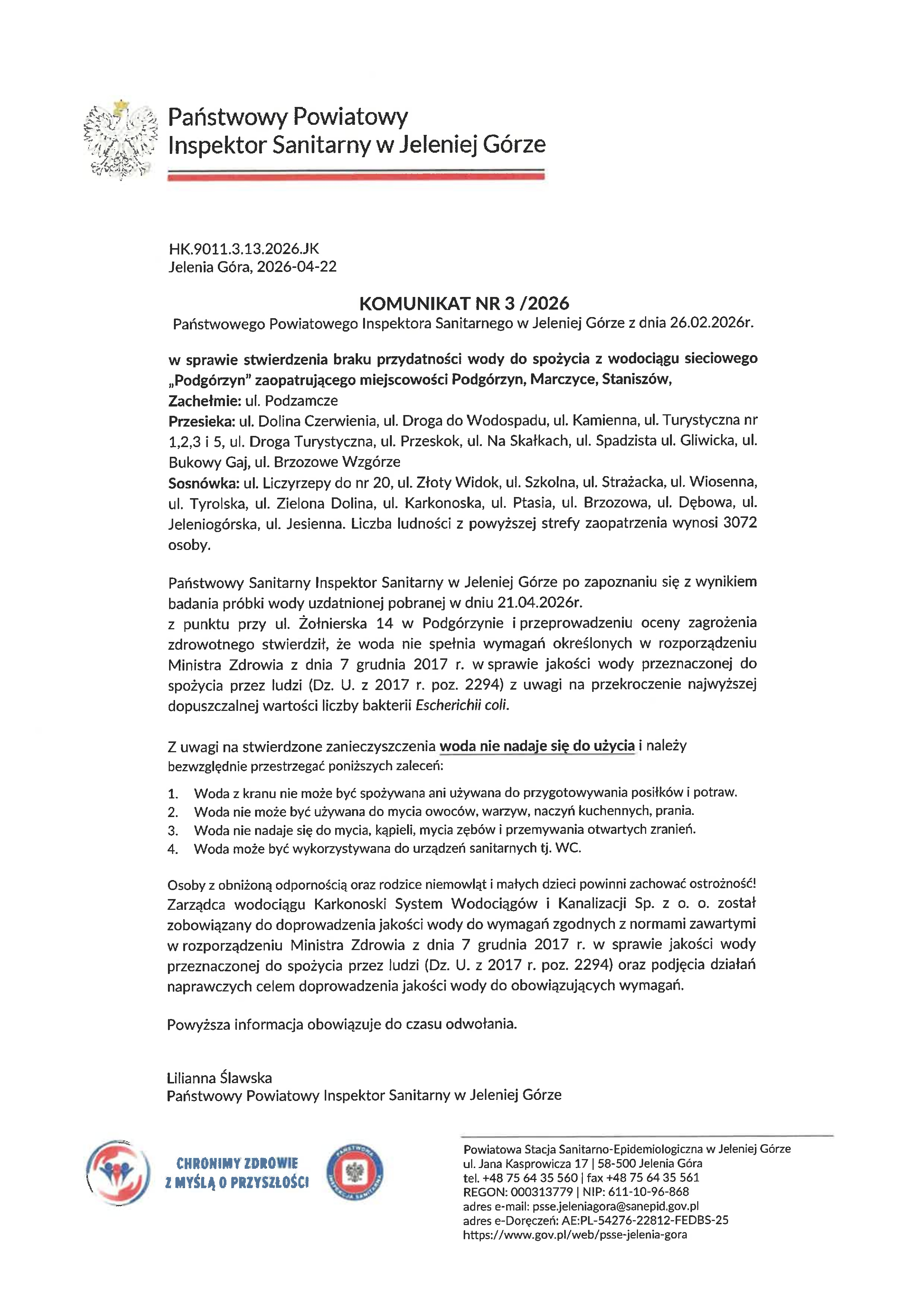 KOMUNIKAT NR 3 /2026  Państwowego Powiatowego Inspektora Sanitarnego w Jeleniej Górze z dnia 26.02.2026r.