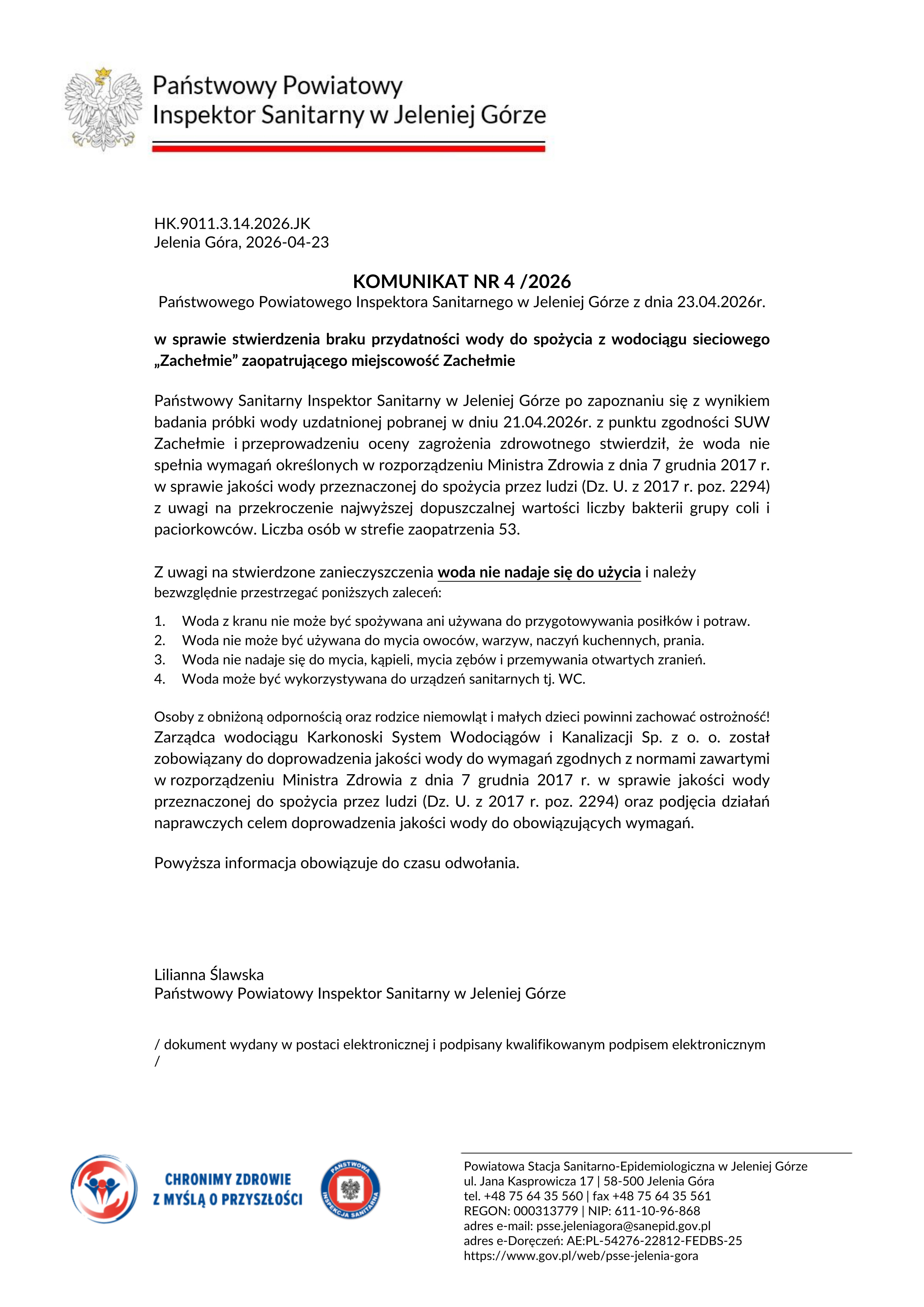 KOMUNIKAT NR 4 /2026  Państwowego Powiatowego Inspektora Sanitarnego w Jeleniej Górze z dnia 23.04.2026r.