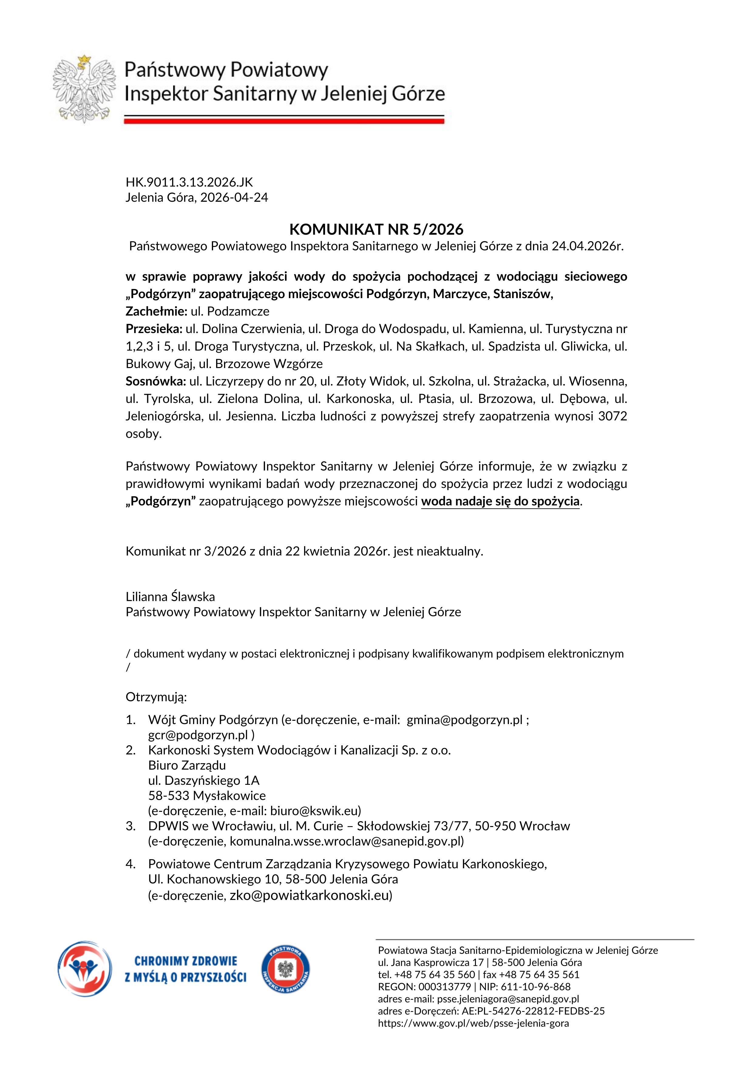 Komunikat o zdatności wody do picia.