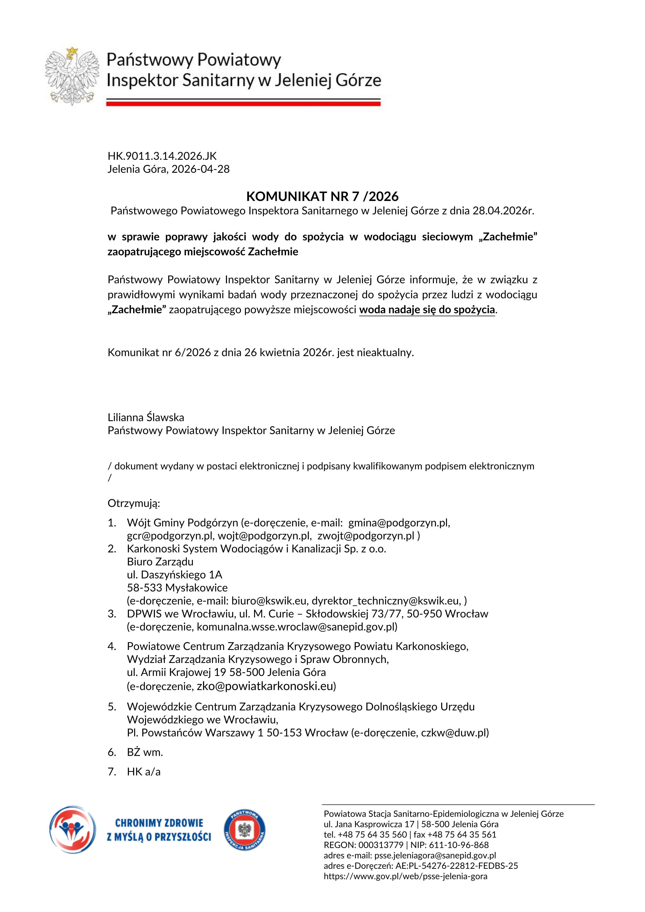 KOMUNIKAT NR 7/2026 Państwowego Powiatowego Inspektora Sanitarnego w Jeleniej Górze