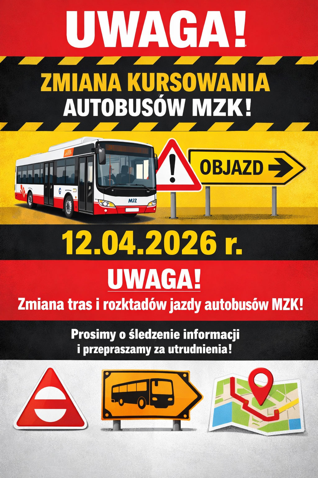  Uwaga zmiana kursowaniu autobusów MZK-12.04.2026r.
