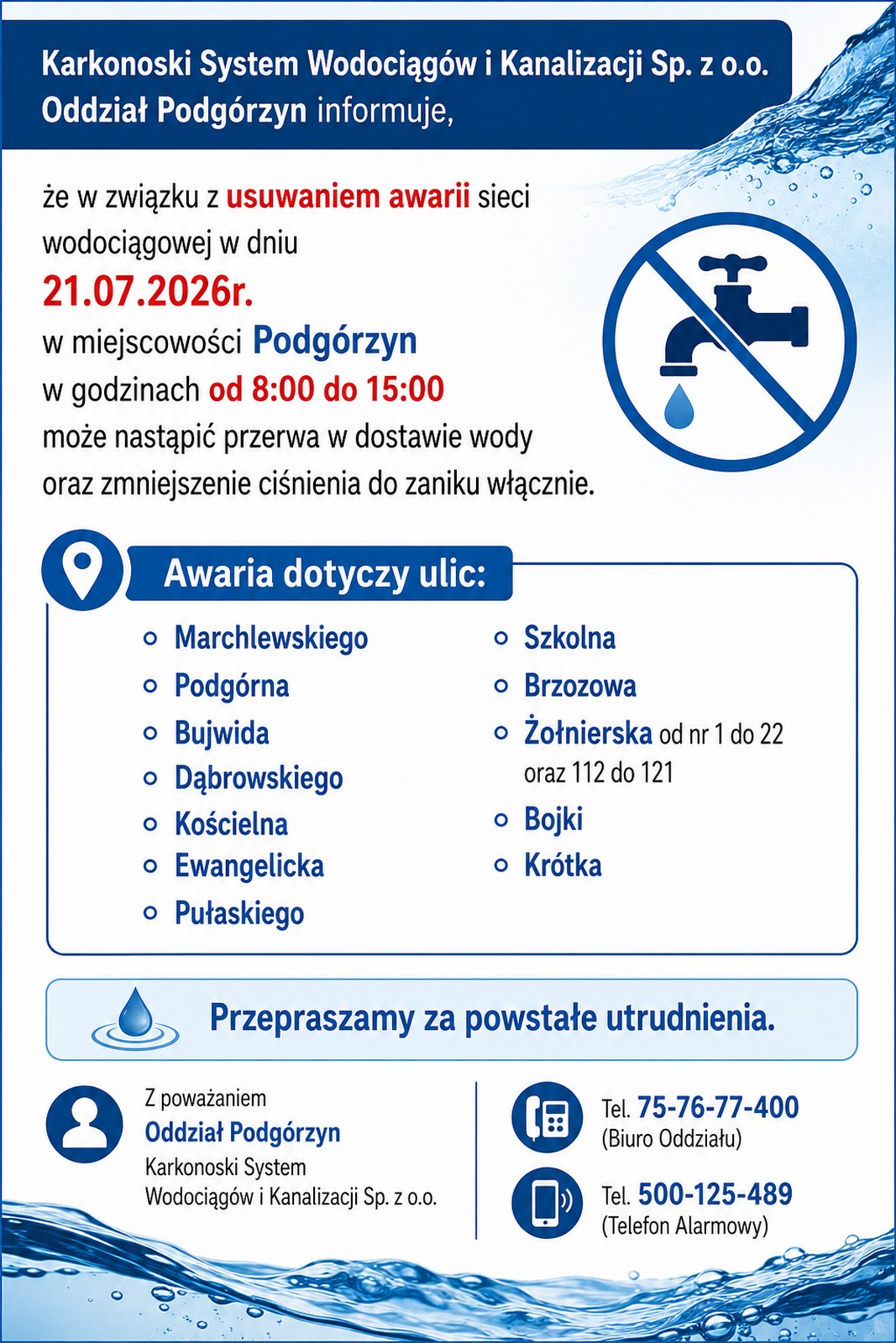 Awaria wodociągowa Podgórzyn 21.07.2026