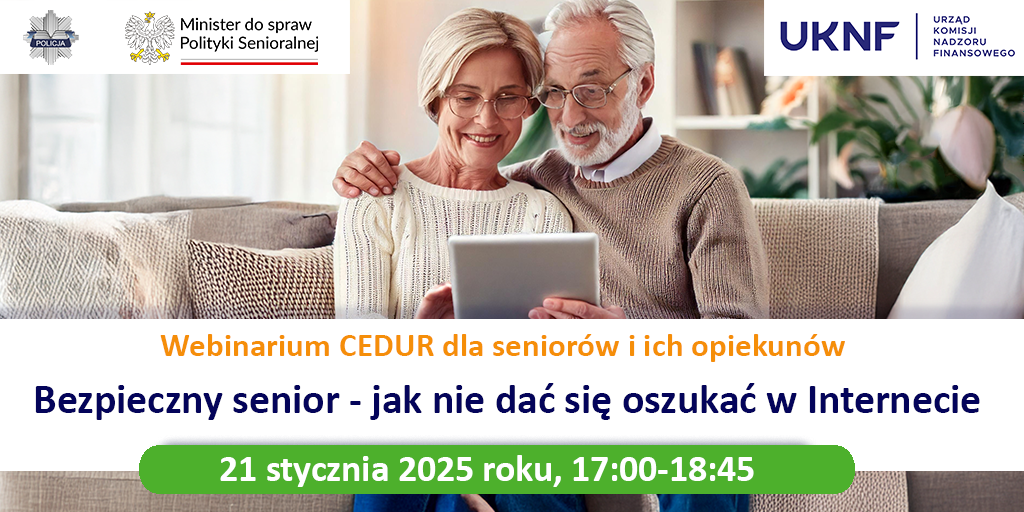 Grafika Urzad KNF webinarium CEDUR dla seniorow i ich opiekunow 21 stycznia 2025 roku